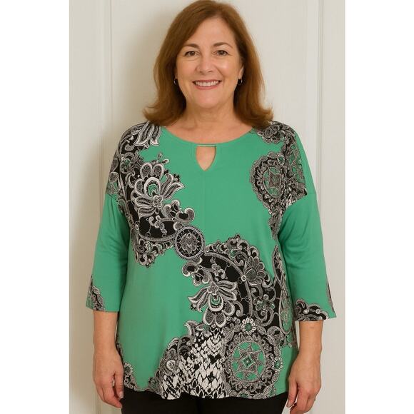 Chico’s Helena Style Poly Tunic Top Green BlackWhite Floral Sz 3 16 Colorful - Picture 1 of 6
